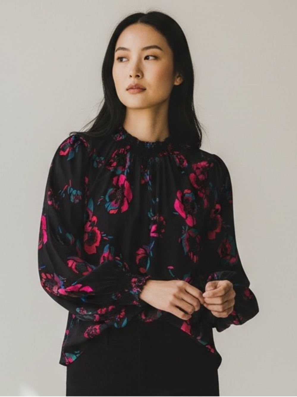 J.Crew Black Floral Smocked Neck Long Sleeve Blouse Size Large